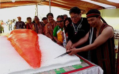 <p><strong>GIANT CARROT CAKE.</strong> Buguias Mayor Ruben Tindaan (rightmost) is joined by Benguet Representative Ronald Cosalan (second from right) and members of the Provincial Board in slicing the 5x9-meter carrot cake that was later served to 1,600 people as highlight of the 2nd Albubo and vegetable festival of the town on Saturday (March 10, 2018). <em>(Photo by Pamela Mariz Geminiano)</em></p>